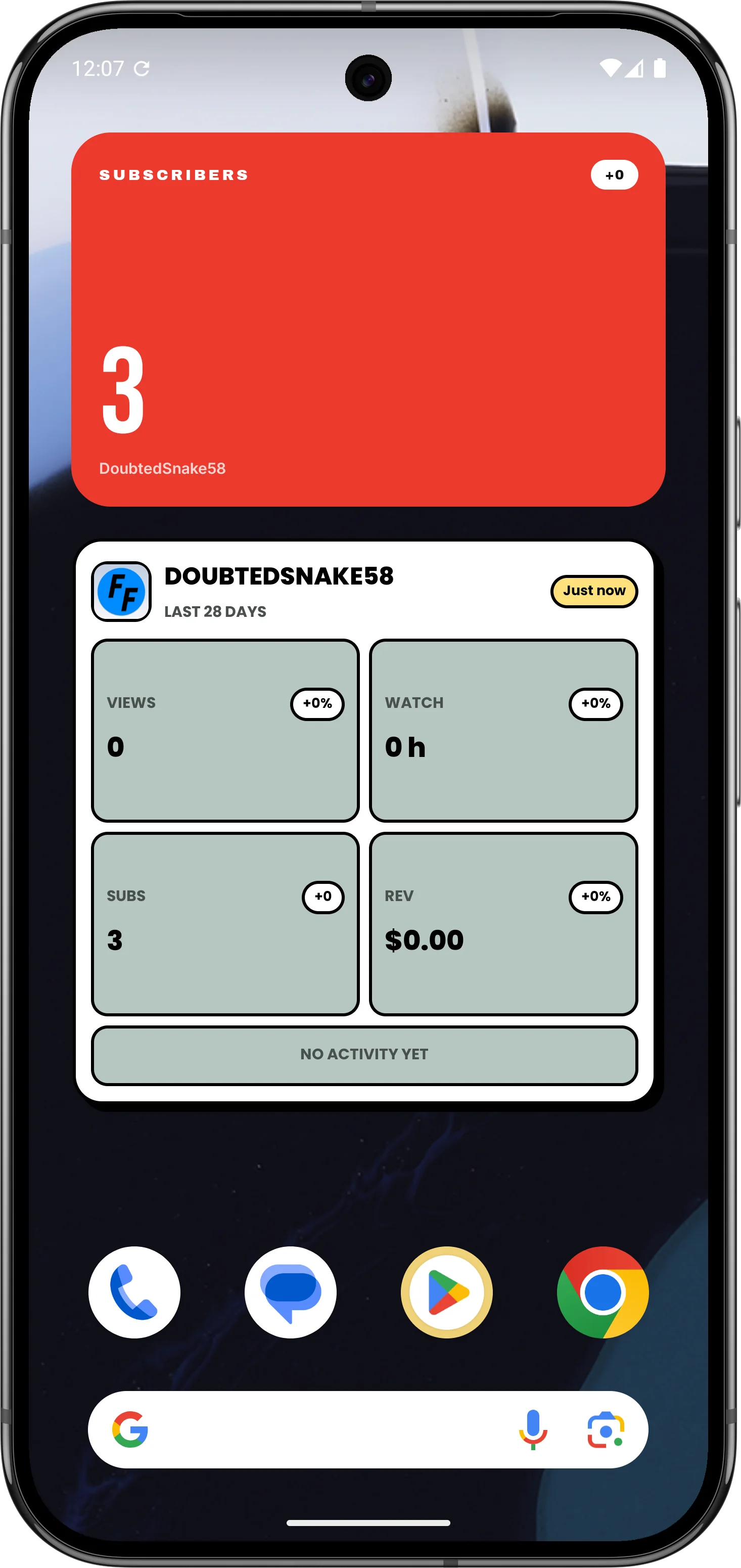 Android phone home screen displaying the TubeStats stats grid widget